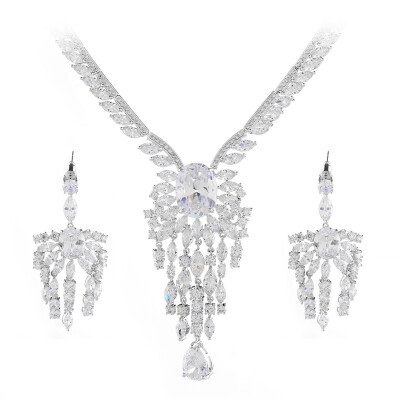 

Aiyaya 18k White Gold Plated Cushion-Cut Oval Tassel Pendant Necklaces&Earring Sets For Womens