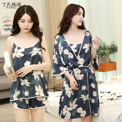 

Dings grate pajamas home service female summer short sexy temptation sexy strap nightdress three-piece suit J48313 gray