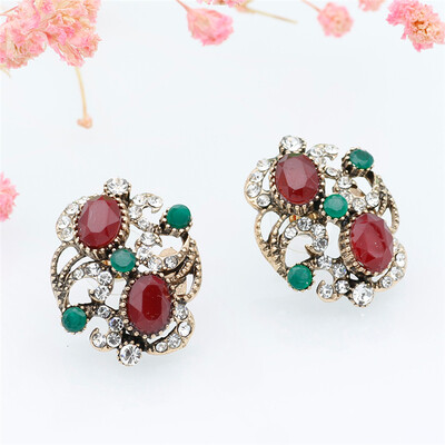 

SUNSPICE MS Turkish Vintage Resin Stud Earrings For Women Bridal Jewelry Antique Gold Color Round Crystal Indian Festival Bijoux