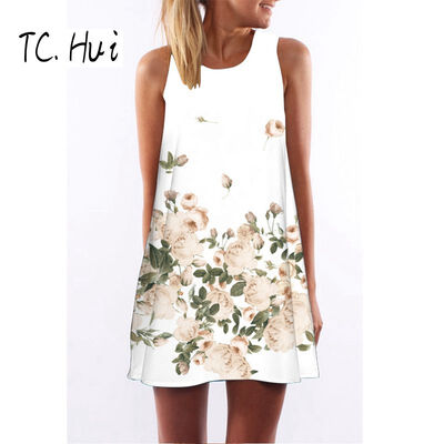 

2018 new trend fashion digital printing round neck strapless dress