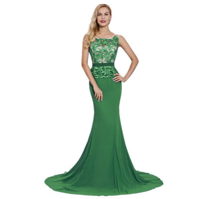 

CAZDZY Scoop Neck Lace Appliques Mermaid Evening Dress Green