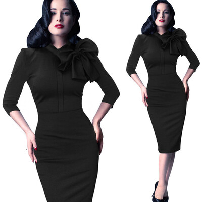 

2016 New Womens Elegant 1950s Vintage Pinup Retro Rockabilly 34 Sleeve Bow Party Work Sheath Bodycon Wiggle Pencil Dress