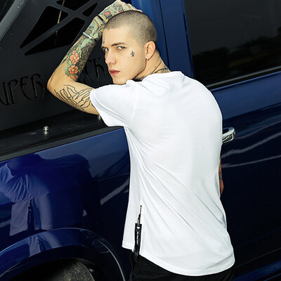 

Mens Round Neck Pure Color T-Shirt Zipper Open Fork Bottoming Shirt