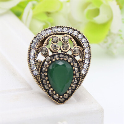 

Vintage Turkish Hollow Flower Finger Rings Women Water Drop Resin Crystal Rings Antique Gold Color Jewelry Ethnic Wedding Ring