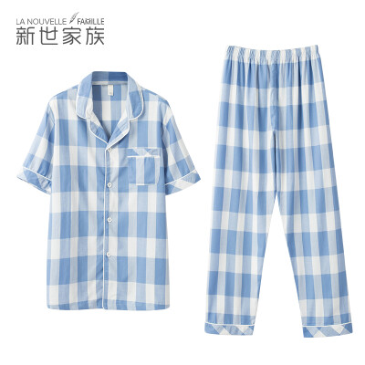 

New World Family Couple Pajamas Summer 2018 New woven Plaid Cotton Cardigan Short Sleeve Home Service Set Blue