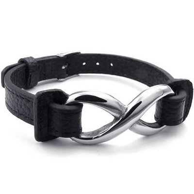

Hpolw Mens Womens Leather Stainless Steel Bracelet Love Infinity Charm Bangle Black Silver