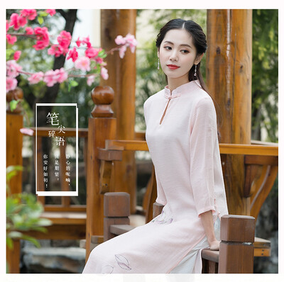 

201 новый китайский этнический стиль ретро cheongsam хлопка печать стенд воротник двойной хлопок мозаика платье