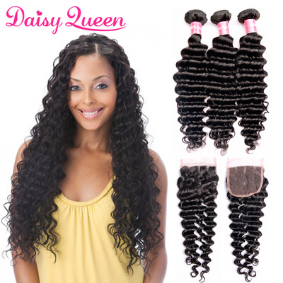 

Brazilian Deep Wave Human Hair bundles With Closure Three Part 3 Bundles With Closure Brazilian Virgin Hair Deep Wave With Closure