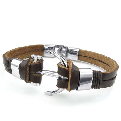 

Hpolw Mens Womens Leather Bracelet, Anchor Cuff Bangle, Brown Silver