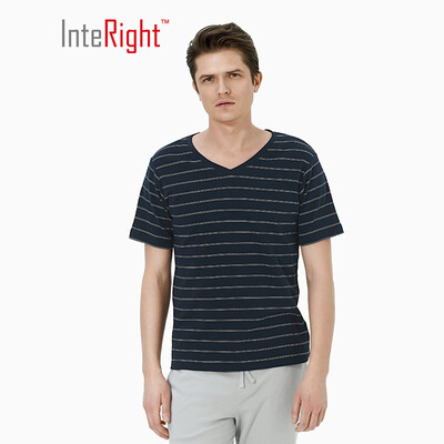 

INTERIGHT home service mens cotton yarn-dyed striped V-neck short-sleeved shirt pajamas home service navy blue XL
