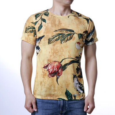 

Mens O-neck Tops Flower And Leaves Print Pullover T-Shirts