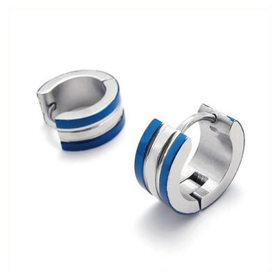 

Hpolw Stainless Steel Mens Huggie Hinged Hoop Stud Earrings Set, 2pcs, Color Blue Silver