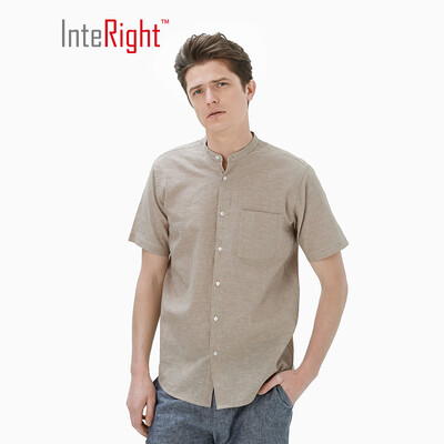 

INTERIGHT Short Sleeve Shirt Mens Cotton Blend Casual Stand Collar Shirt Deep Khaki M