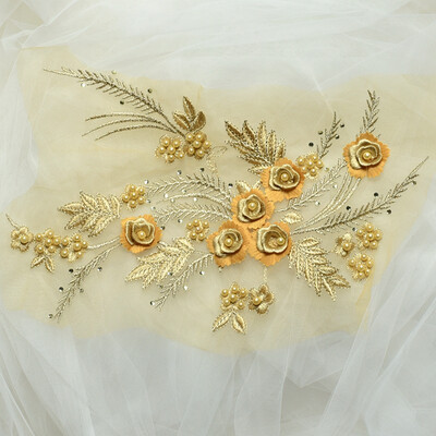 

Multicolor Dimensional lace applique trim patches with beads 34x25cm