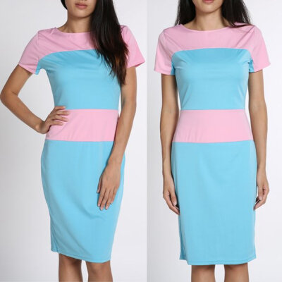 

New Elegant Ladies Patchwork Color Block Stripe Bodycon Dress