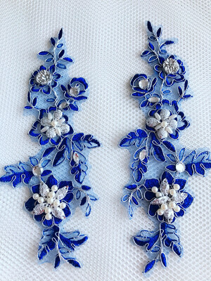 

sew on flowers patches Water soluble embroidery royalblue lace applique 24x6cm