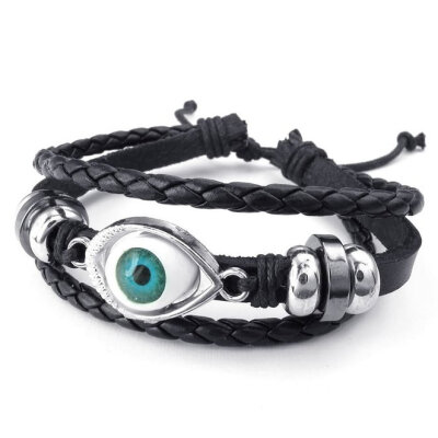 

Hpolw Mens Womens Leather Bracelet Blue Evil Eye Adjustable Bangle Black Silver