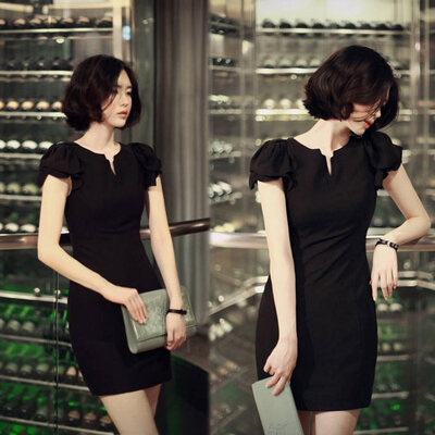 

High Quality Summer New Fashion Chiffon Dress Black Elegant Slim V-Neck Mini Elastic Women Work Dresses