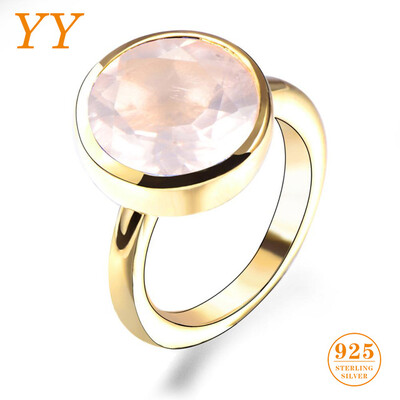 

YY Fine Jewelry Sterling Silver 925 Golden Swarovski Pink Rose Quartz Party Engagement Woman Round Luxury Exquisite Ring gift