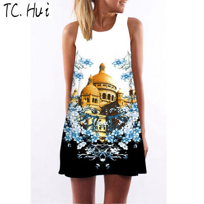 

2018 new trend fashion digital printing round neck strapless dress