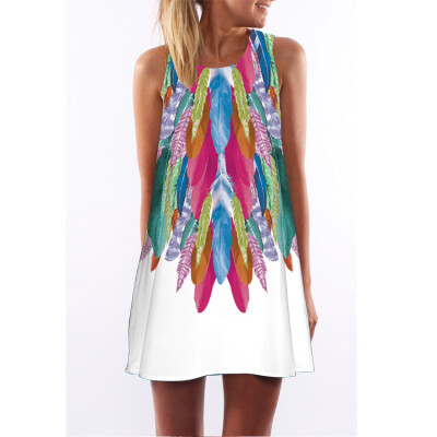 

Summer Dress Women Feather Print Vintage 3D Dress Sleeveless Boho Style Short Beach Dress 6 colors