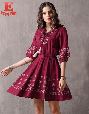 

M L vintage cotton new summer 2018 women dress half sleeve a line red embroidery office lady knee length V neck