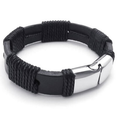 

Hpolw Mens Surfer handmade Black Genuine Leather&Stainless Steel Spring buckle Bracelet,12mm - 8", 8.5", 9" inch