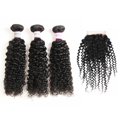 

Racily Hair Brazilian Curly Hair 3 Bundles with Closure Natural Black Kinky Curly Human Hair With Closure