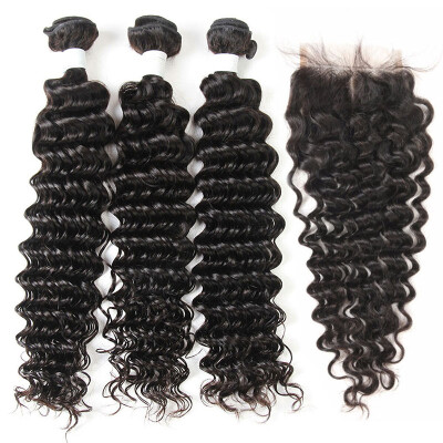 

8A Malaysian Virgin Hair Deep Wave With Closure 3 Bundles Malaysian Curly Human Hair Weave And Lace Closure 4Pcs Lot Natural Black