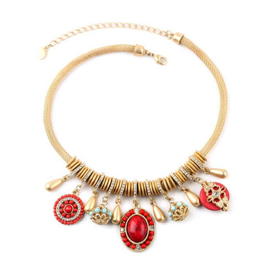 

Aiyaya America And Europen Style Waterdrop Cross Retro Turquoise Ruby Sapphire Pendant Statement Necklace