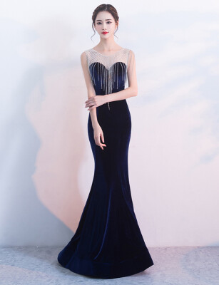 

Velvet rhinestone evening dress new banquet long noble elegant slim fish tail annual host