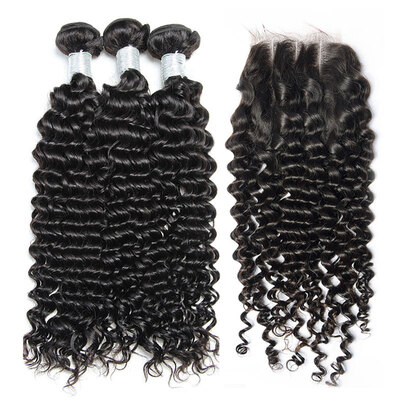 

8A Malaysian Curly Virgin Hair With Closure 4 Pcs Lot 100 Malaysian Human Hair Weaves 3 Bundles And Lace Closures Natural Black