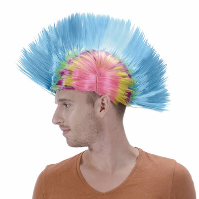 

Short Straight Mohawk Cosplay Wig 6inch 115g Pink Purple Blue Color Mixing Synthetic Fake Hair For Football Fans Heat Resistant