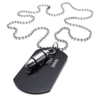 

Hpolw New unique Designer Mens Military Army Style Black Dog Tag Pendant Silver Bullet NecklaceColor&Black&Silver27 inch Chain