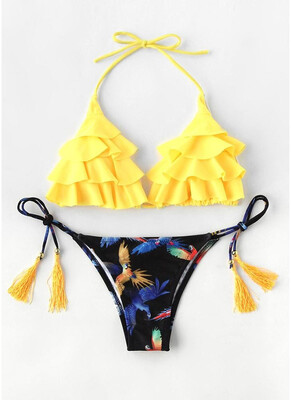 

2018 Sexy Women Bikini Set Ruffles Self-tie Two Pieces Frill Beach Swimwear