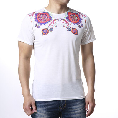 

Mens Chinese Style Flower Printed Embroidery T-shirt