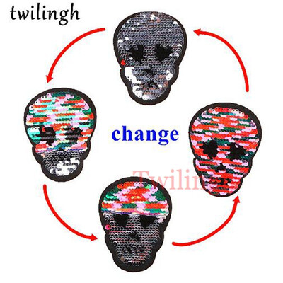 

twilingh Patches 1pc Reversible Change Sequins Patches Skull Star Heart DIY Sew On Patches For Clothes Applique Decoration