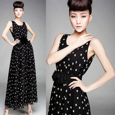 

Women's Maxi chiffon Vintage Style Dot Sleeveless Long Ball Party Evening Dress with Belt