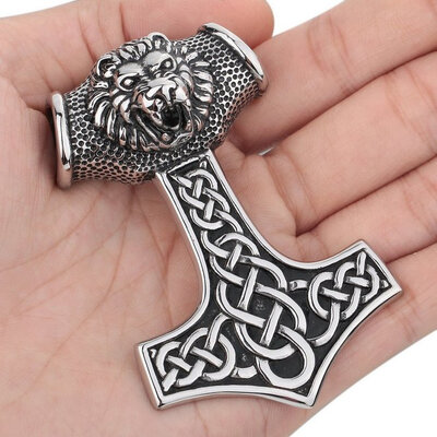 

Hpolw Mens Stainless Steel Pendant Necklace Silver Black Lion Thors Hammer Amulet Mythical -with 23 inch Chain