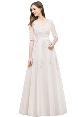

Bridesmaid A-line V-neck Half Sleeves Gray Lace Evening Dresses Sexy Backless Applique Long Prom Dresses