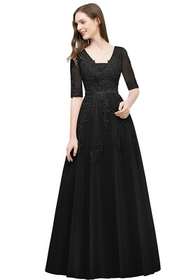 

Bridesmaid A-line V-neck Half Sleeves Gray Lace Evening Dresses Sexy Backless Applique Long Prom Dresses
