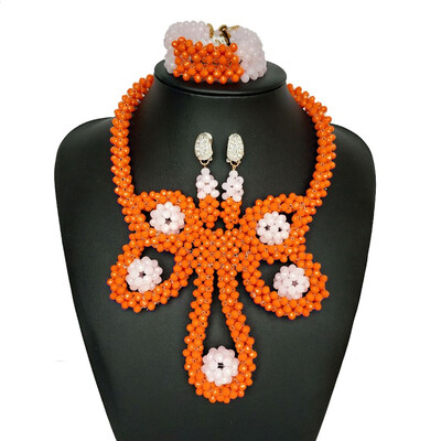 

Handmade Orange Pink African Wedding Beads Jewelry Set Owl Style Dubai Crystal Beaded Necklace Bracelet Earrings Set For Women