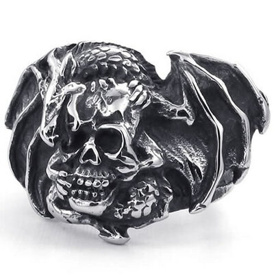 

Hpolw Mens Stainless Steel Ring Vintage Gothic Dragon Skull Black Silver