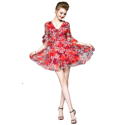 

2018 New Summer V-Neck Bob Print Knee-Length Polyester Dress With Butterfly Sleeve Tulle Dresses For Ladies