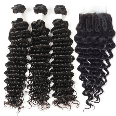 

8A Indian Virgin Hair Deep Wave With Closure 3 Bundles Indian Deep Curly Human Hair Weaves And Lace Closure 4Pcs Lot Natural Black