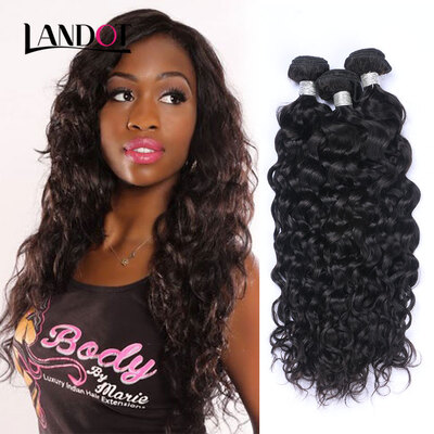 

9A Peruvian Virgin Hair Water Wave 100 Human Hair Weave 4 Bundles Lot Wet And Wavy Curly Natural Black Color Remy Hair Extensions