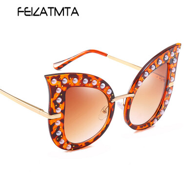 

FEIZATMTA Cat Eye Солнцезащитные очки Женские Роскошные Большие Рамки Солнцезащитные Очки Мода Жемчужные Заклепки Декоративные Очки Женские Окулусы UV400