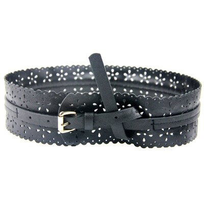 

MSEK WPD13606 Lady belt red flower hollow wide belt with wild decoration wide belt black