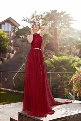 

Beaded Long Evening Dress 2018 Chiffon Side Slit Burgundy Sexy Backless Formal Party Evening Gown