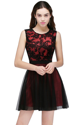 

A-Line Crew Short Sleeveless Tulle Lace Appliques Prom Dresses